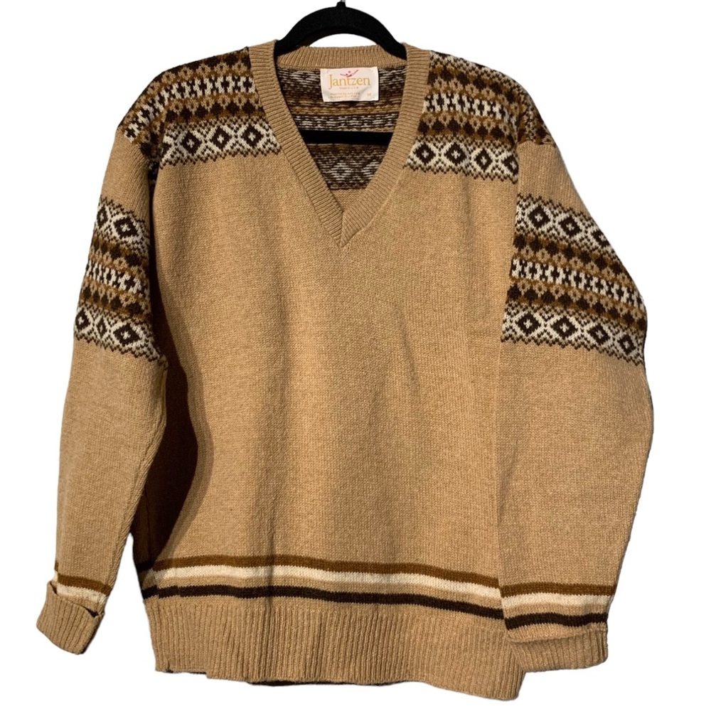 Vintage Jantzen Fair Isle Sweater Tan Brown Grandpa Core V Neck Medium M - Picture 2 of 8